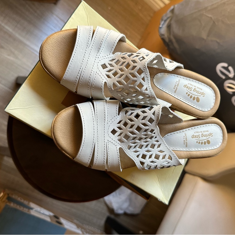 Made in Italy. Leather. Spring Step Women's White and Tan Mules.